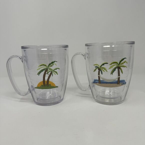 Tervis Tumbler 16 oz Mug 2 Palm Trees & Hammock Patch Lot of 2 Mugs - Picture 1 of 4